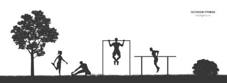 Workout panorama. Outdoor fitness. Silhouettes of training people. Park landscape with athletic men and women. Sports action. Vector illustrationのイラスト素材