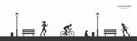 Outdoor fitness. Silhouettes of runner, roller and bicyclist. Park landscape with athletic men and women. Workout panorama. Sports action. Vector illustrationのイラスト素材