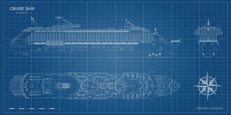 Outline blueprint of cruise ship. Side, top and front views. Contour liner. Detailed drawing of modern marine vessel. Sea travel transpotation. Boat document. Vector illustrationのイラスト素材