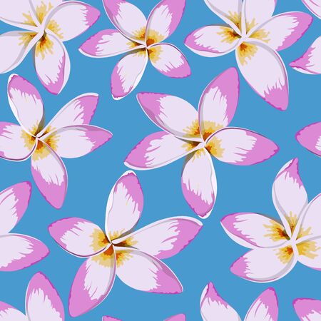 Tropical flowers seamless pattern. Plumeria image. Fabric print. Exotic textile design. Pink floral plant in cartoon style. Jungle floraのイラスト素材