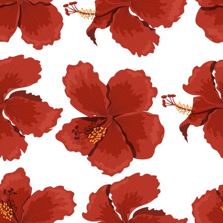 Tropical flowers seamless pattern. Hibiscus image. Fabric print. Exotic textile design. Red floral plant in cartoon style. Jungle floraのイラスト素材