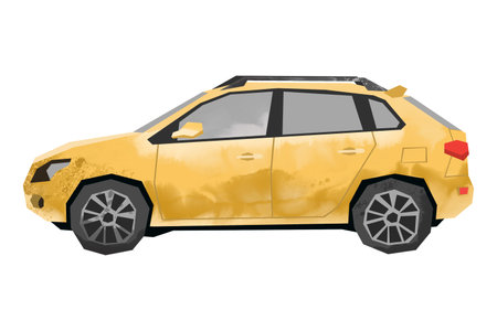 Watercolor yellow car. Isolated automobile. Cartoon print for kids room. Side view of SUV. Urban transportationの写真素材