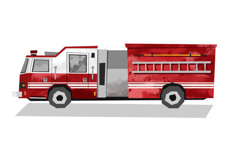 Watercolor red fire truck. Isolated firefighters transport. Rescue car. Cartoon print for kids room....