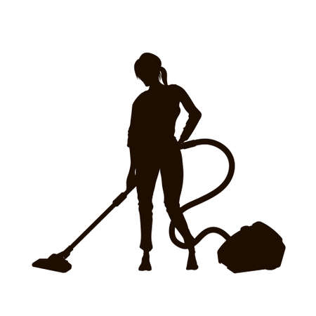 Black silhouette of girl with vacuum cleaner. Isolated woman cleaning floor. Housemaid  doing homework. Housewife vacuuming roomのイラスト素材