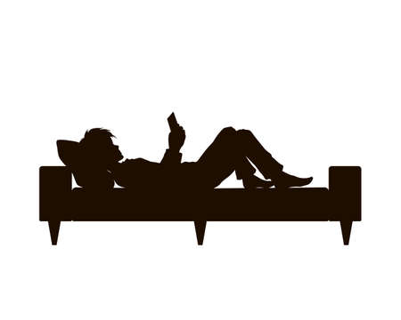 Black silhouette of boy lying with phone. Teenager resting on sofa. Young man watching mobile. Guy with tablet on bedのイラスト素材