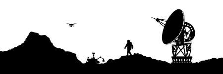 Isolated space landscape. Mars scene with astronaut and antenna. Silhouette panorama. Martian colonizationのイラスト素材