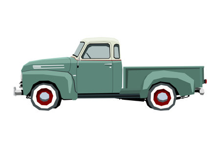 Farm retro pickup drawing. Off-road car in cartoon style. Isolated vintage vehicle art for kids bedroom decor. Side view. Truck for nursery decorのイラスト素材