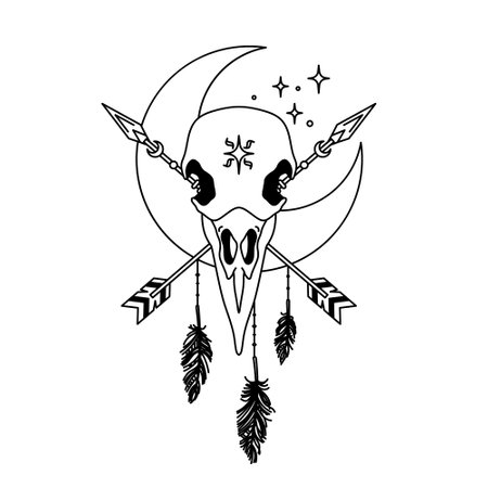 Mystical raven skull. Outline boho totem. Isolated ethnic drawing. Crow and moon sketch. Dream catcher printのイラスト素材
