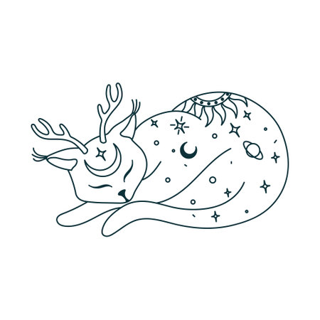 Mystical celestial cat. Outline witchy familiar. Isolated kitty with astronomy signs. Witchcraft t shirt print. Fantasy pet with space pattern. Magical artのイラスト素材