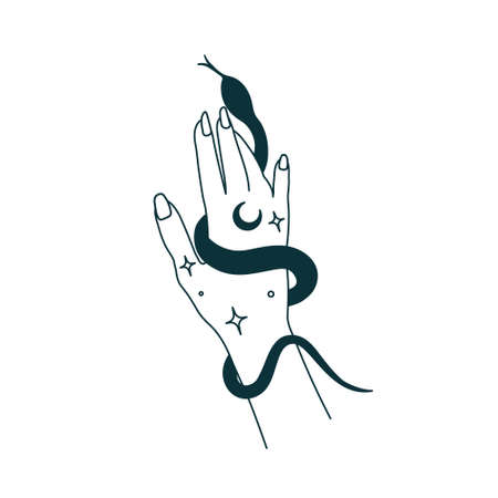 Mystical witch hands with snake. Outline mystery tattoo. Tarot drawing. Isolated esoteric drawing. Esoteric t shirt print. Magical drawingのイラスト素材