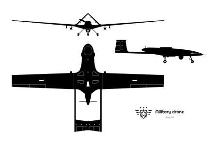 Silhouette of military drone. Top, side, front view. Isolated army plane. Modern unmanned bomber blueprintのイラスト素材