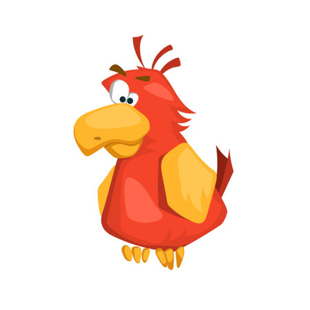 Cartoon red parrot. Funny bird character. Isolated sad pet. Comic pirate mascotのイラスト素材