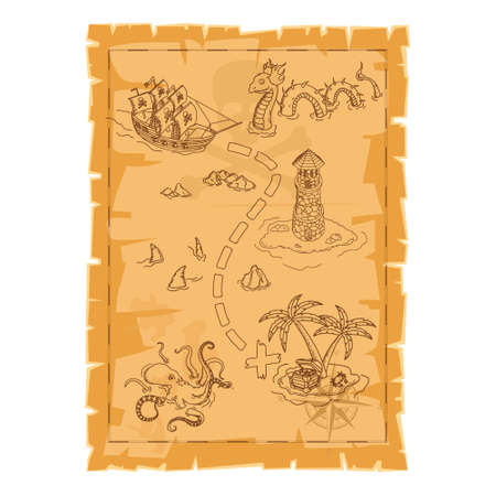 Cartoon pirate map. Old paper scroll. Vintage cartography template. Dirty papyrus with skull symbolのイラスト素材