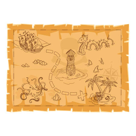 Cartoon pirate map. Old paper scroll. Horizontal poster of caribbean journey. Game clipartのイラスト素材