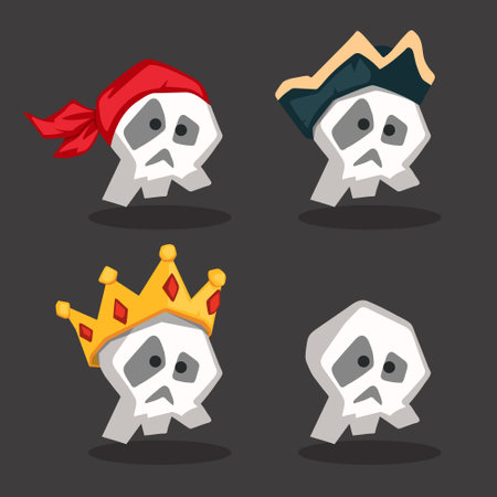 Comic pirate skull with hat and crown. Funny cartoon icons. Mobile casual game art. Isolated human dead headのイラスト素材