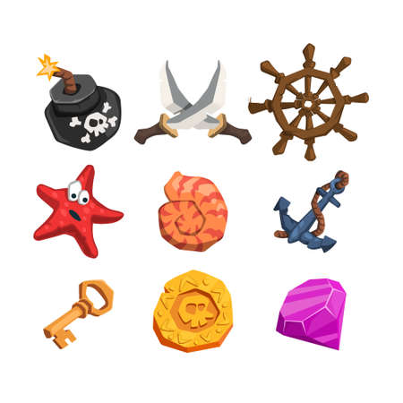 Cartoon pirate icon. Isolated marine signs. Sea adventure items for mobile game GUI. Coin, gem, bomb and wheel. Videgame clipartのイラスト素材