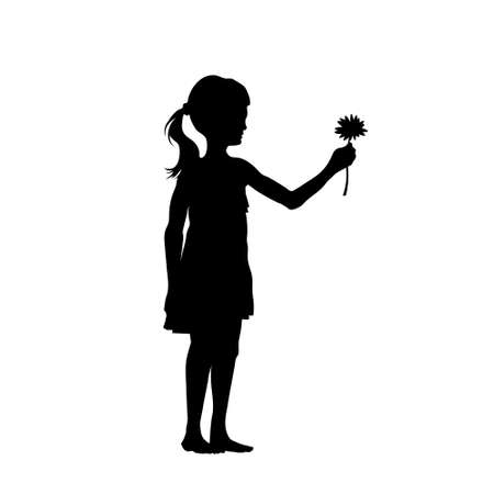 Girl gives flower. Black silhouette of child in dress. Cute kid giving gift for mom. Childhood sceneのイラスト素材