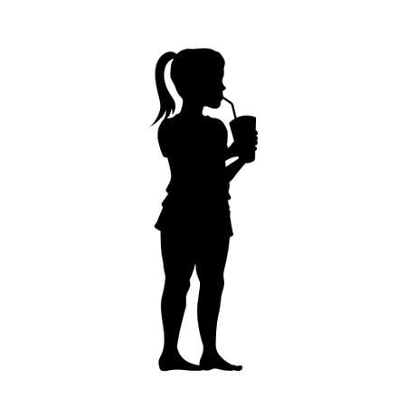 Kid drinks juice. Black silhouette of girl with cocktail. Child with fresh glass. Childhood scene.のイラスト素材