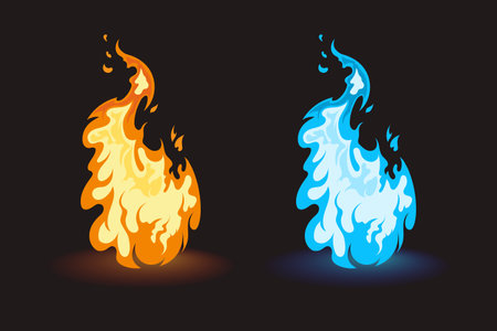 Cartoon fire. Hot and frozen flame. 2d flash art. Video game UI elements. Frost and blaze fireballのイラスト素材