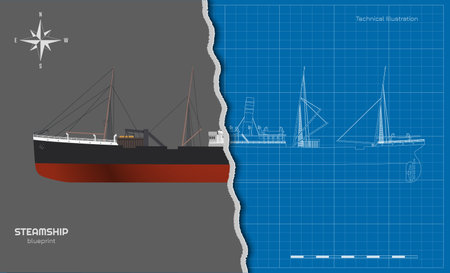 Steamer outline drawing. 3d steamship industrial blueprint. Contour ship view top, side and front. Steamboat document. Industry vehicleのイラスト素材