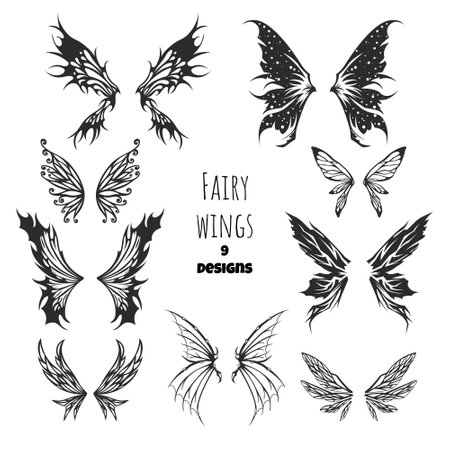 Fairy wings tattoo collection. Isolated silhouettes of pixie art. Fantasy icons. Mystery butterfly template. Magic designsのイラスト素材