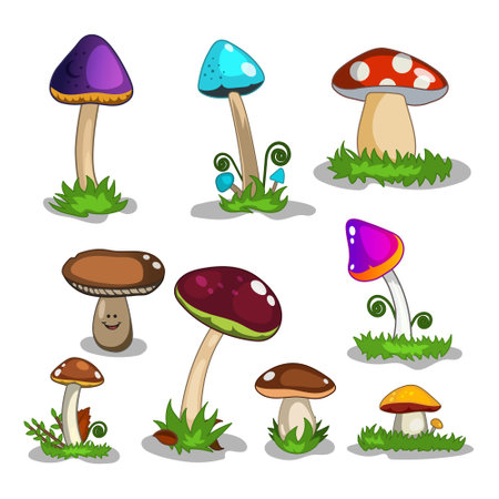 Cartoon mushrooms set. Isolated colorful arts for nursery book. Mobile game magical assets. Fantastic drawing iconsのイラスト素材