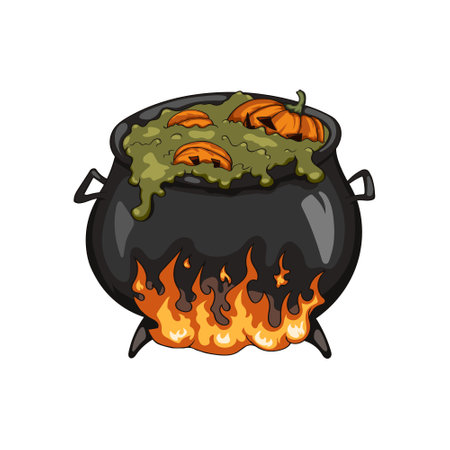 Isolated witchs cauldron. Halloween cartoon pot. Magic potion with pumpkins. Spooky alchemy print. Witchcraft artのイラスト素材