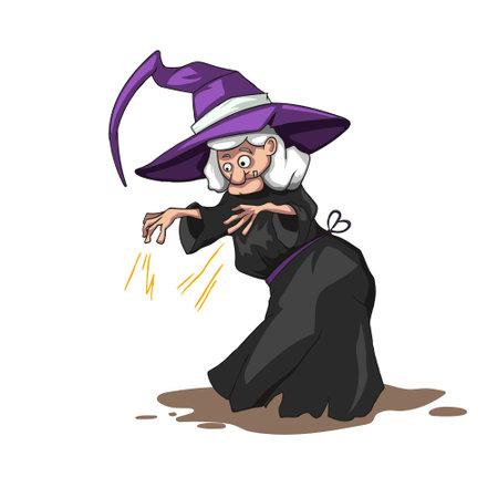 Isolated cartoon witch. Adult woman in violet magician hat. Witchcraft scene. Wizard colored poster. Spooky sorceryのイラスト素材