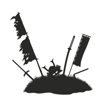 Ancient battlefield landscape. Isolated silhouette of samurai grave. Warrior tumulus with sword, helmet and flags. Japanese battle sceneのイラスト素材