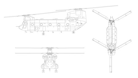 Military transport helicopter. Isolated outline drawing of armed copter. Top, front and side views. Line clipart. Industrial blueprint of war force aviation. Army cargo vehicleのイラスト素材