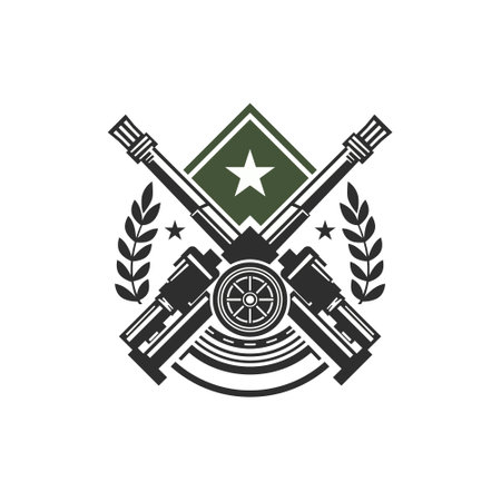 Isolated artillery division coat of arms. Military logo with modern cannons. Soldier chevron. Army heraldic sign. Black gun insigniaのイラスト素材