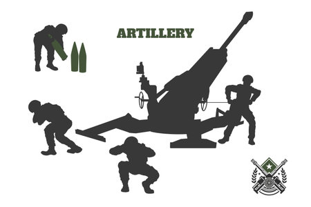 Artillery division isolated silhouette. Military scene with soldiers and cannon. Heavy gun troops banner. Modern war black backgroundのイラスト素材