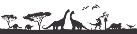 Jurassic landscape with dinosaur silhouettes. Isolated prehistoric panorama. Ancient raptors black drawing. Horizontal banner with dino and treesのイラスト素材