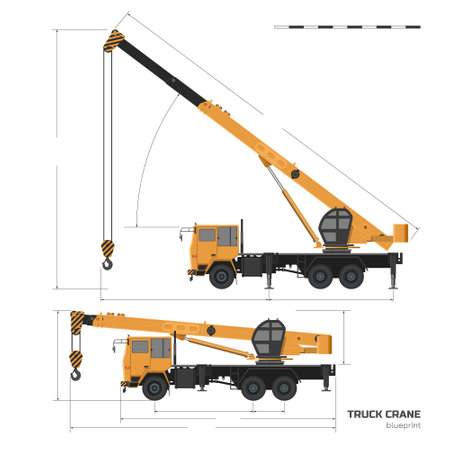 Truck crane industrial blueprint. Hydraulic machine drawing. Isolated loader car in realistic style. 3d vehicle side viewのイラスト素材