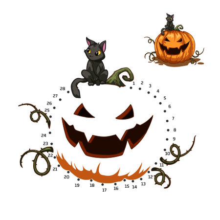 Halloween dot to dot game with spooky pumpkin. Isolated children drawing for educational book. Cartoon logic puzzle. Search right path and connect pointsのイラスト素材