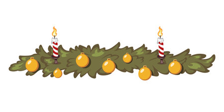 Isolated christmas decor. Cartoon balls with balls and candles. Greeting postcard template. New Year banner frameのイラスト素材