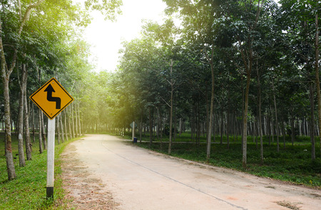reverse turn left signs on the road on the road in a rubber plantationの写真素材
