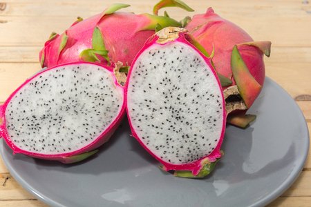 close up dragon fruit on plateの写真素材