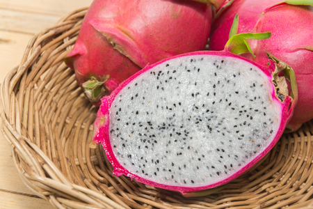 close up of  dragon fruit on basketの写真素材