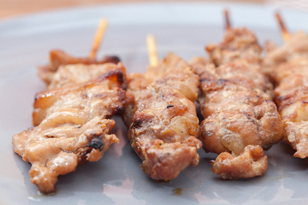 close up of grilled pork skewer chop at thailandの写真素材