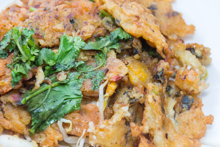 oysters fried in egg batter (Hoi Tod) on plateの写真素材
