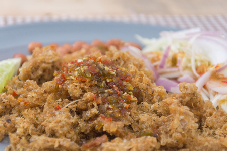 Crispy catfish salad with green mango in thailandの写真素材