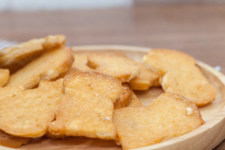 close up of Crispy Garlic Bread on wooden plateの写真素材