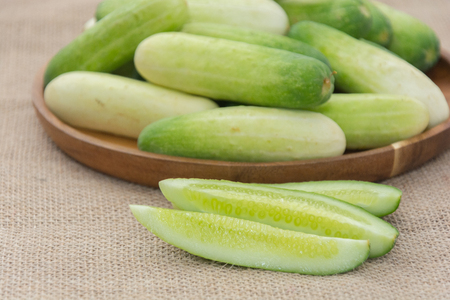 close up of fresh cucumber on sackの写真素材