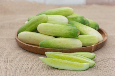 close up of fresh cucumber on sackの写真素材