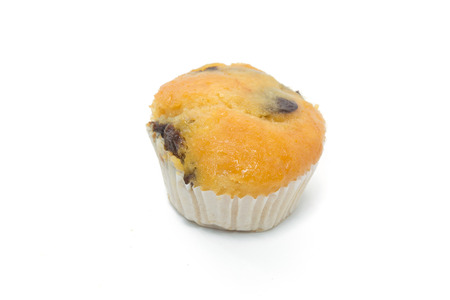 Banana Cup Cakes with raisin topping isolated on white backgroundの写真素材