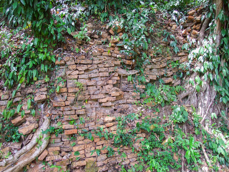 old brick wall at old temple thailandの写真素材