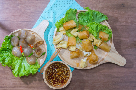 Deep fried spring roll and Fried Tofu with sauceの写真素材