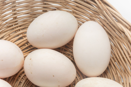 raw dirty duck eggs in basket on white backgroundの写真素材
