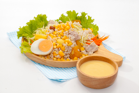 close up of health grain salad with sauceの写真素材